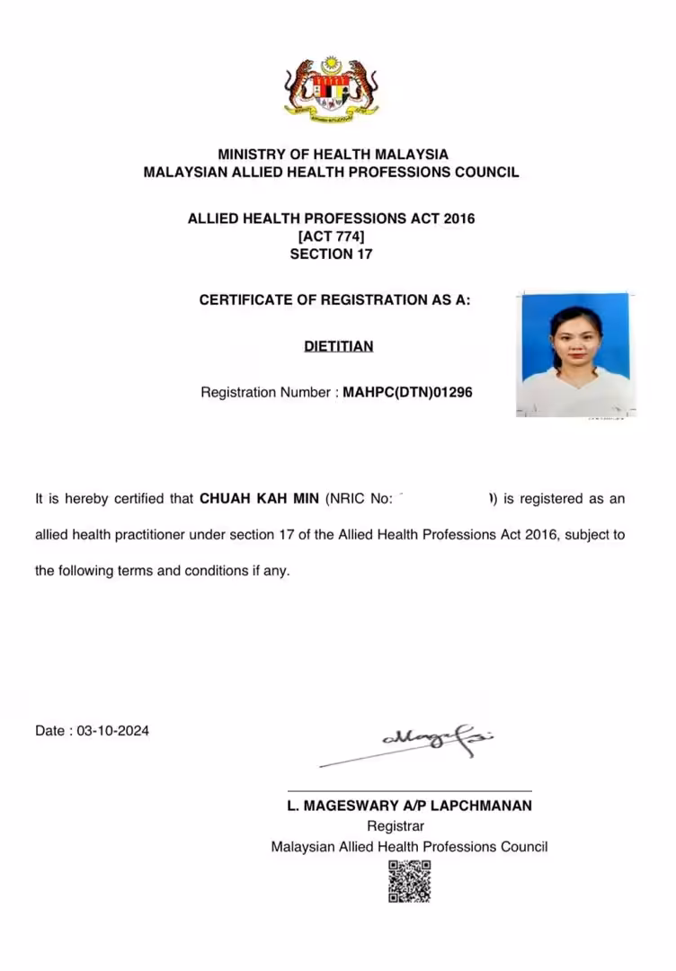 Jaceme Chuah's Malaysian dietitian registration certificate